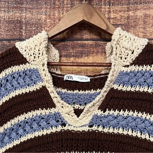 (Flawed) Zara Striped Crochet Knit Top Brown/Blue Cream Hooded Size Small - Picture 7 of 10
